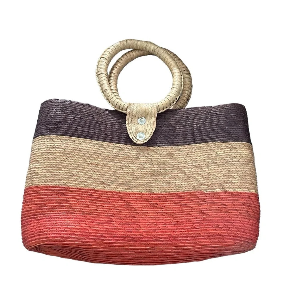 Handmade straw bag, summer tote Red, tan and brown